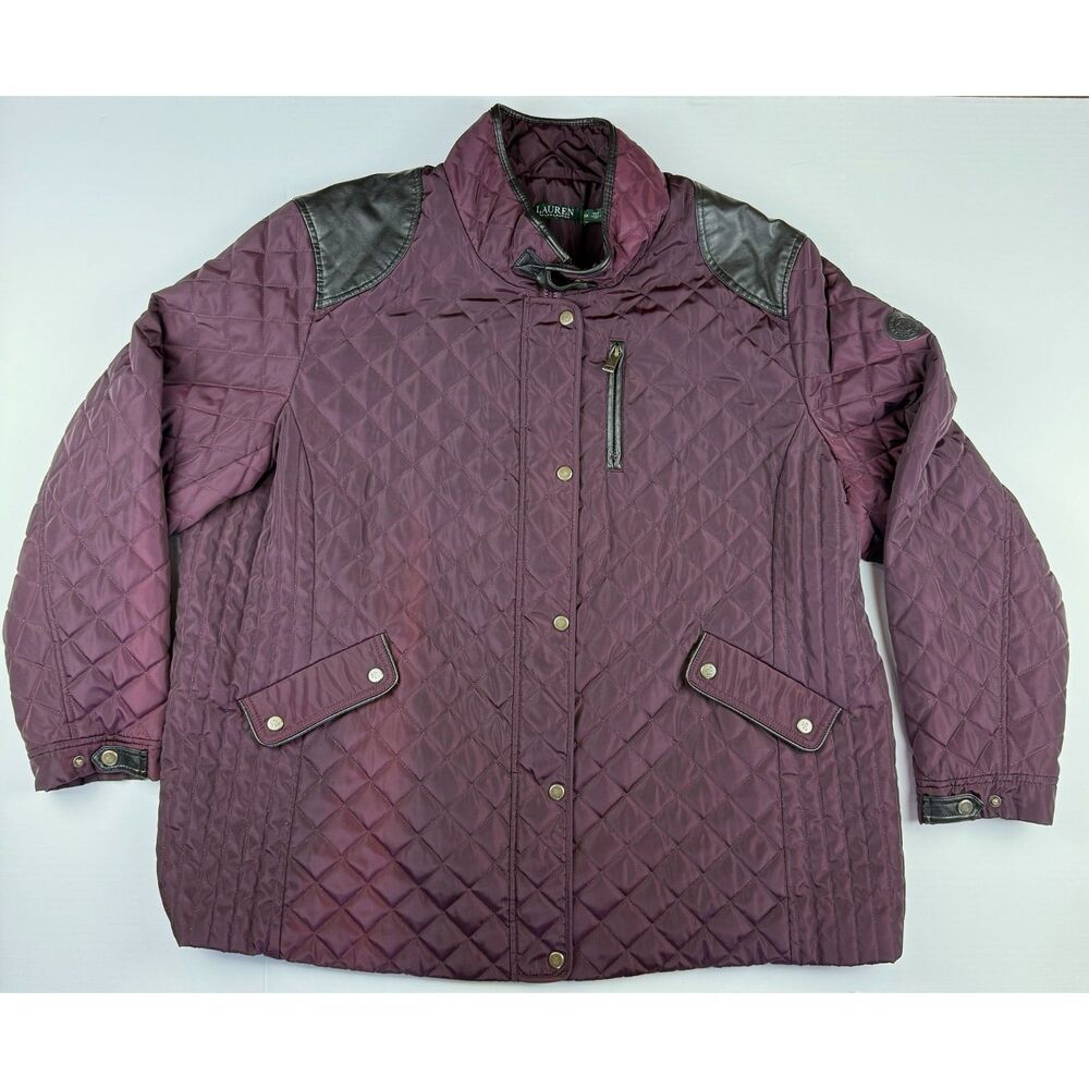 Lauren Ralph Lauren Plum Quilted Jacket with Faux Leather Trim 3X
